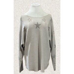 "Liv Milano" Gray Ribbed Knit Sweater Dolman Sleeve Embellished Stars Size M